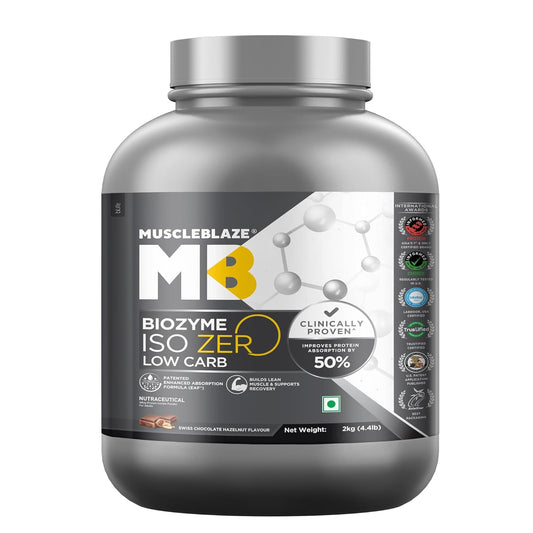 MuscleBlaze Biozyme Iso Zero Low Carb Whey Protein Isolate - Swiss chocolate Hazelnut (2 kgs)